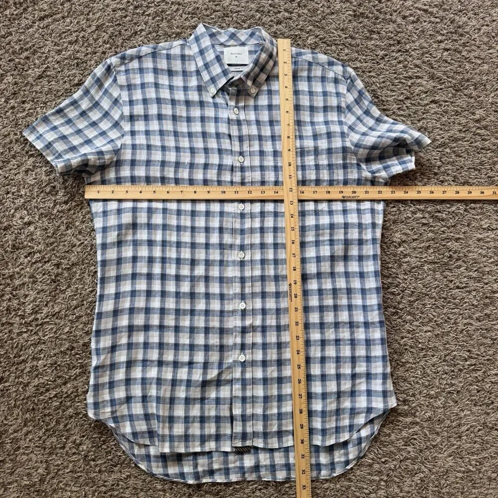 Billy Reid Standard Italian Linen Plaid Button Up Short Sleeve Shirt Men Medium